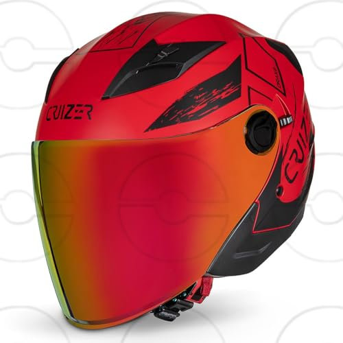 Casque Moto Jet homologué CRUIZER Drax Double visière Noir Mat/Rouge, Taille XL