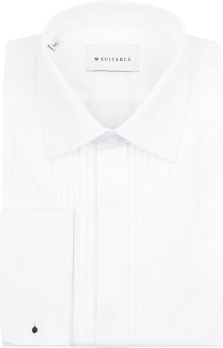 Suitable Camisa de esmoquin con pliegues plisados de doble puño blanco - Hombre - Ropa, Blanco, 43