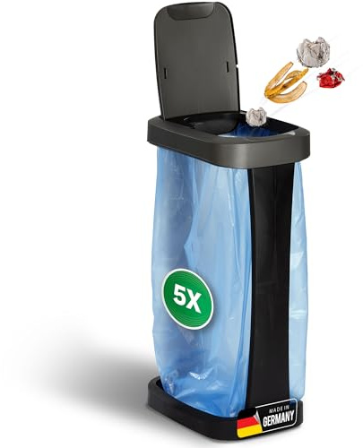Novaliv Set di 5 supporti per sacchi della spazzatura con coperchio per sacchi da 70L-120L, extra robusti e dalla base salda adatti per esterni, supporto per sacchi gialli portasacchi gialli supporto