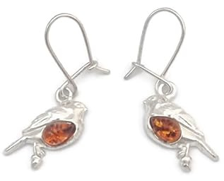 Kiara Jewellery Boucles d'oreilles rouge-gorge en argent sterling 925 avec ambre de la Baltique Cognac