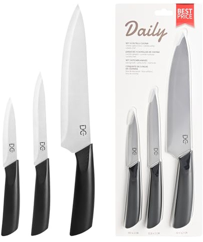 Dc Casa Set 3 Coltelli da Cucina in Acciaio Inox – Coltello Chef, Utility e Spelucchino – Lame Affilate con Impugnatura Ergonomica – Set Coltelli per Cucina Domestica e Professionale