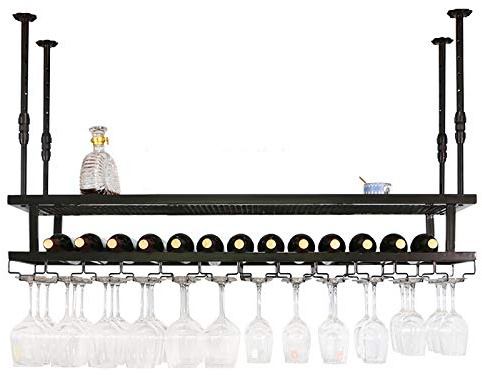 PXAMORTEL Portabottiglie in metallo, Portabottiglie da vino in metallo sospeso, altezza regolabile 30-60 cm, con portabottiglie e portabicchieri, nero, diverse misure(120x30cm)
