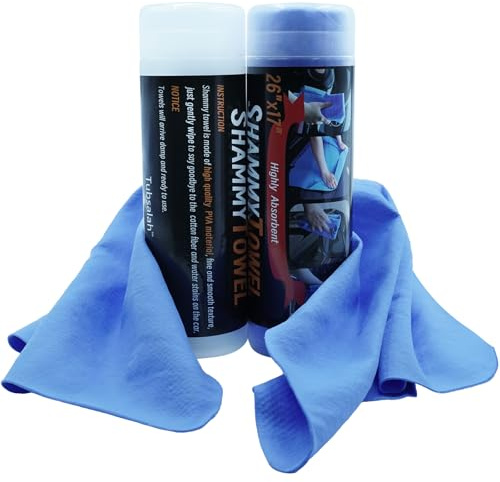 Tubsalah Premium Shammy Cloth for Car Drying - 2 Pack (26”x17”) - Super Absorbent Synthetic Chamois Bathroom,Pets, Dust Remove,- Reusable Non-Scratch Vehicle Dry Towel (Blue)