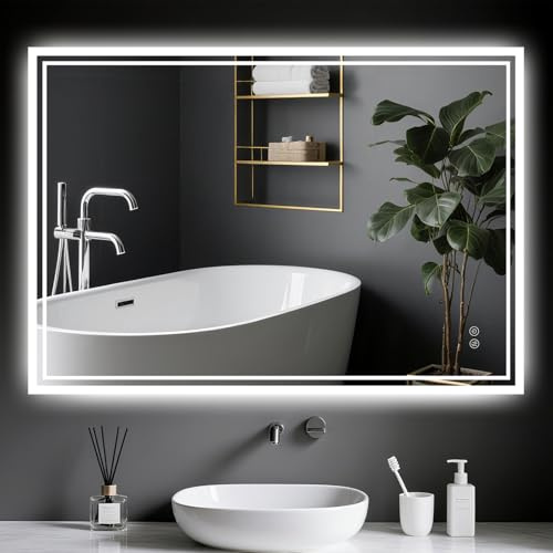 Ambienden LED Badspiegel Mit Beleuchtung 50 X 70 cm – Antifog, 3-Farben-Dimmbar, Doble Touchschalter & Stromausfall-Speicherfunktion FüR Badezimmer/WC – Horizontal/Vertical Hakenmontage