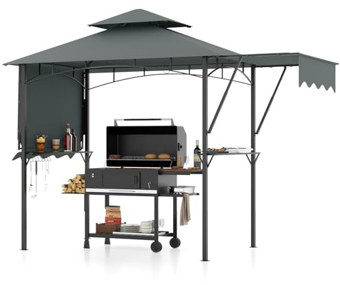 TANGZON BBQ Grill Gazebo, Double Tiered Patio Gazebo Canopy with 2 Side Shelves, Flame-Resistant Grill Shelter for Garden Yard Party (4 x 1.5M, with 2 Side Awnings, Grey)