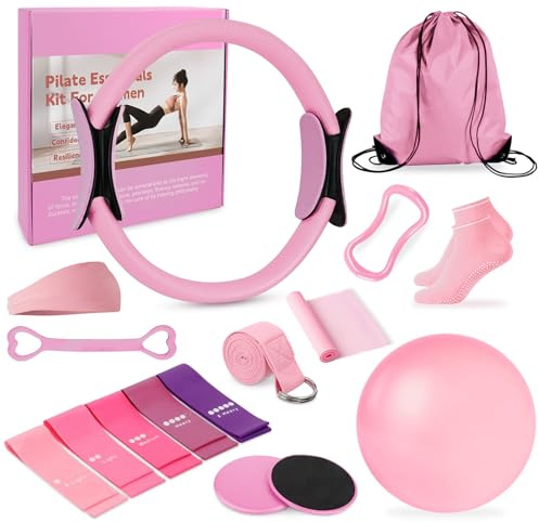 Pilates Ring Set for Women – 15PCS Home Pilates Equipment Kit with 12.5 Pilates Ring,Mini Ball,5 Resistance Bands, Sliders & Grip Socks – Complete Starter Set for Toning,Strength & Flexibility