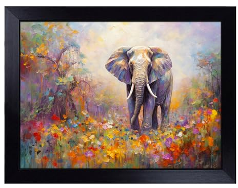 Lap Tray with Bean Bag Cushion, Elephant Impressionism | Handmade in the UK, Raised Wooden Edge, Padded Cushion, Heat-Resistant Wipe-Clean Surface, for Meals, Laptops and Crafts