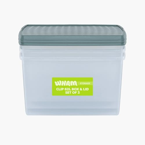 Wham Clip 3 x 62L Rectangular Stackable Plastic Storage Boxes with Lids | Ideal for Home, Office, Toys & More | Storage Containers with Clip Locks | Made in UK - Clear/Green Milieu
