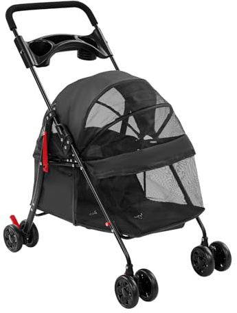 Passeggino pieghevole per cani, portata 18 kg, per cani di piccola taglia, ruota posteriore con freno di stazionamento, dotato di carrello per gatti (nero)