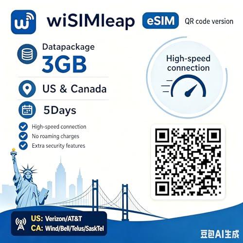 esim USA Canada 3 GB data 5 dagar förbetalt kort datapaket 4G/5G förbetalt reseeSIM för USCA länder omedelbar QR-kod leverans Inget fysiskt SIM krävs kompatibel med iOS Android