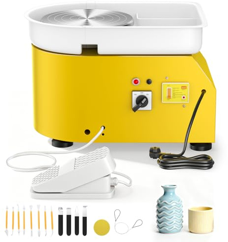 Rueda de cerámica eléctrica de 350 W, con plato de 25 cm, con 14 herramientas de alfarería, máquina de cerámica para bricolaje, cerámica para principiantes (amarillo)