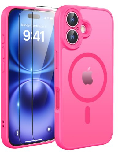 TQIAHF Cover Custodia Magnetica per iPhone 16, Rosa Rossa | 2 Pellicola Vetro Temperato Protezione Schermo Compatibile con Magsafe Militare Antiurto Sottile Opaca Telefono Case