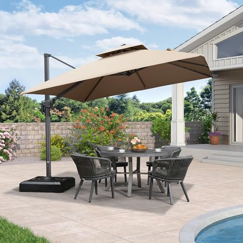 PURPLE LEAF Sombrilla Terraza 3 x 3 m, Techo Doble y Protección UV 50+, Sombrilla de Jardín, Alta Resistencia al Viento, Rotación 360°, 6 Posiciones de Altura, Poste Ancho y Reforzado, Taupe