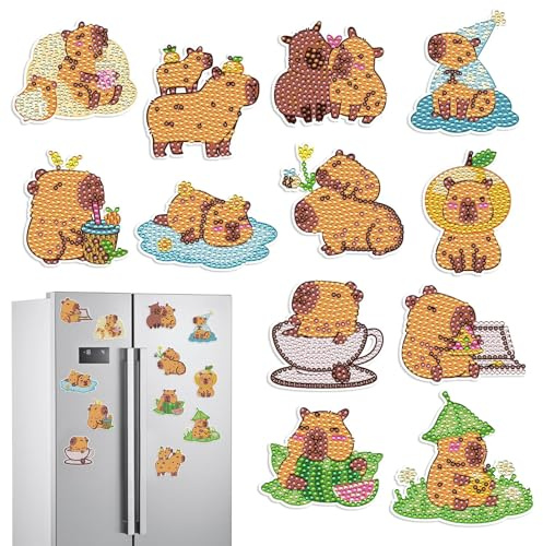 Diamond Painting Magnet Set 12 Stück, Süße Capybara Kühlschrankmagnete, Wasserschweine Diamond Painting Magnete, 3D DIY Diamantmalerei Kühlschrankmagnete für Kinder und Erwachsene,für Wohndekoration
