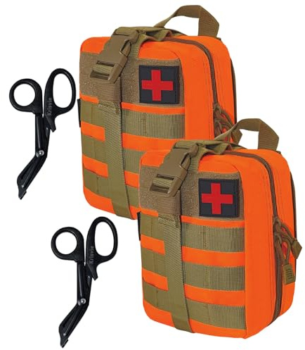 Krisvie 2PCS Smontabile EMT Borsa di Primo Soccorso Sacchetto di Emergenza Tattica, con Sistema Molle Acciaio Inossidabile Forbici Set, per Famiglia Quotidiana Viaggio Campeggio (Arancia)