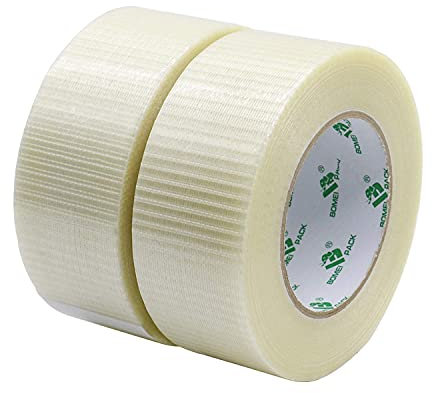 BOMEI PACK Transparent Bi Directional Filament Ruban Adhésif, Ruban d'emballage renforcé de fibres filament Renfort et cerclage ruban adhésif robuste adhésif, 50m x 50mm(Pack de 2)