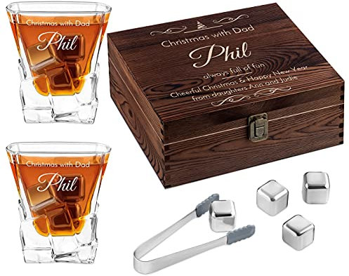 Maverton Whisky Stones & 2 Engraved Glasses Gift Set - 250ml Whisky Glasses - Personalised Wooden Box - 8 Cooling Stones - Christmas - Gift for Friend - Wishes
