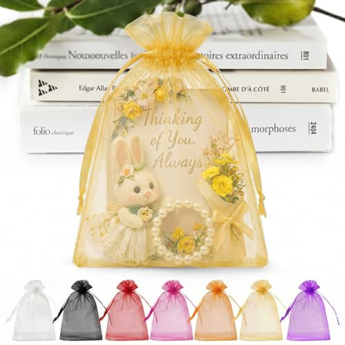 ANZNKU 100 Stück Organza-Beutel, 12,7 x 17,8 cm, hochwertige goldene Geschenkbeutel mit Kordelzug, durchsichtige Netzbeutel, Geschenkbeutel, kleine Größe, Organza-Geschenkbeutel, Netzbeutel,