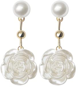 YAXUN Pendientes de perlas de plata de ley 925 para mujer, con pendientes colgantes de gota de flor de camelia rosa