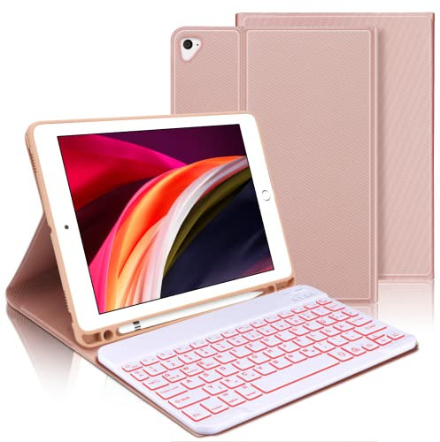 IVEOPPE Tastatur für iPad 6. Generation - Hülle Tastatur für iPad 9.7, Magnetisch Abnehmbarer Beleuchtung QWERTZ Bluetooth Keyboard für ipad 6. Gen 2018, 5. Gen, Pro 9.7, Air 2 & 1, Rosa