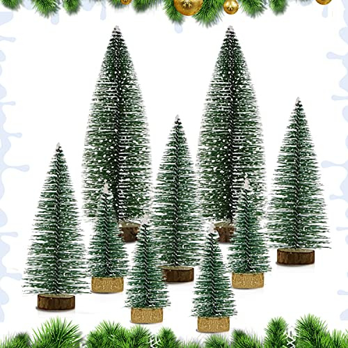 Alberi di Natale in Miniatura Mini Albero di Natale Innevato Mini Sisal Albero di Natale Piccolo, con Base Legno, Piccolo Albero di Natale 10/15/20cm per Decorazione Tavolo di Natale, 9 Pezzi