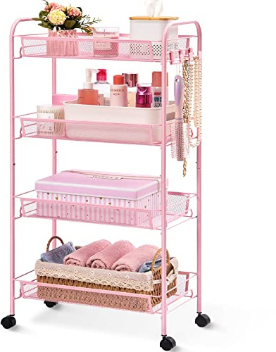 TOOLF 4 Tier Rolling Utility Cart - Durable Metal Design Pink Utility Cart, Storage Trolley on Wheels with 3 Hooks, Perfect for Kitchen, Bathroom & Laundry Room Organization