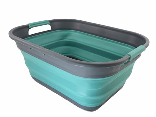 SAMMART Cesto portaoggetti pieghevole in plastica, 19,5 l, contenitore pieghevole pop up, vasca per la biancheria portatile, cestino salvaspazio, vasca portaoggetti da esterno (grigio/blu turchese)
