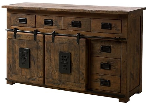 MASSIVMOEBEL24.DE | Railway massives Sideboard - braun geölt Mangoholz 2 Türen - 7 Schubladen rechts 150x45x90 Used-Look Kommode Tv-Sideboard Wohnzimmer-Schrank