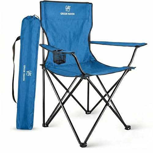 Green Haven Chaise de Camping Pliante – Chaise de Pique-Nique légère Bleue avec Porte-gobelet, Polyester 600D et Anti-déchirure, Cadre en Acier Robuste, Portable et Confortable pour Le Camping en