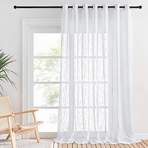 PONY DANCE Single Room Divider Curtain Voile - Extra Long Linen Look Sheer Panel Eyelet Top Privacy Protected Net Curtain for Living Room/Bedroom/Patio Door, White, 100 x 90 Inches Drop