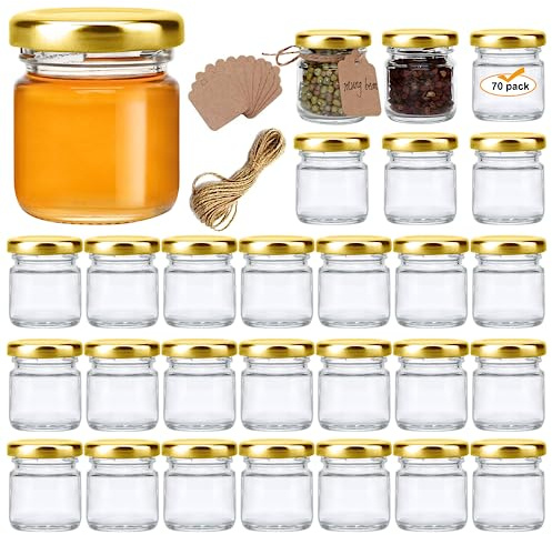 Encheng 1.5oz Mini Glass Jars Bulk Set of 70,Round Small 45ml Honey Jars with Golden Lids,Clear Mini Storage Canning Jar for Candle Making,Spice,Jelly,Jam,Wedding,Party Favor
