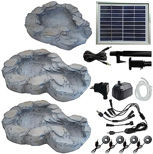Solar GARTENBRUNNEN Bachlauf QUELLBACH II mit LED-Licht/Hybrid-System, 230V ZIERBRUNNEN VOGELBAD Wasserfall GARTENLEUCHTE TEICHPUMPE - SPRINGBRUNNEN WASSERSPIEL für Garten, Gartenteich, Teich