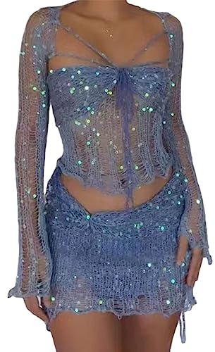 ORANDESIGNE Maillot de Bain Femmes Été Crochet Bikini Plage Deux Pièces Ensemble Sexy Crop Tops de Soutien-Gorge + Glands Mini Jupes Ensemble de Plage B Bleu XS