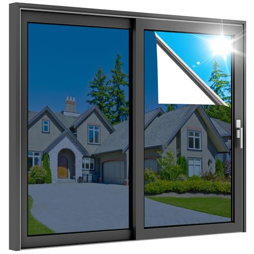 rabbitgoo Vinilo Espejo para Ventanas 44.5x200cm, Vinilo Espejo Unidireccional Adhesivo, Lámina Privacidad Ventana Anti UV Anti Calor, Vinilos para Cristales Anti Sol para Hogar Oficina, Azul Plata