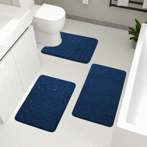 chakme Badezimmerteppich Set 3 Teilig Dunkelblau, Badematte rutschfest | Memoryschaum Badteppich Set, Waschbar Badvorleger, Wasserabsorbierend Duschvorleger