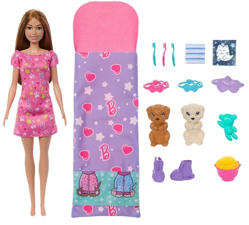 Barbie-Puppe und Spielset mit 2 Spielzeughunden und mehr als 10 Zubehörteilen, Welpen-Pyjama-Party mit Farbwechseleffekt, Schlafsack, Schlafmaske und mehr, HXN01