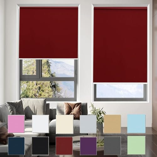 Rollo Klemmfix ohne Bohren 90 x 120 cm Sonnenschutz und Sichtschutz Fensterrollo Seitenzugrollo Klemmrollo mit Klemmträger, für Fenster & Tür, Rot