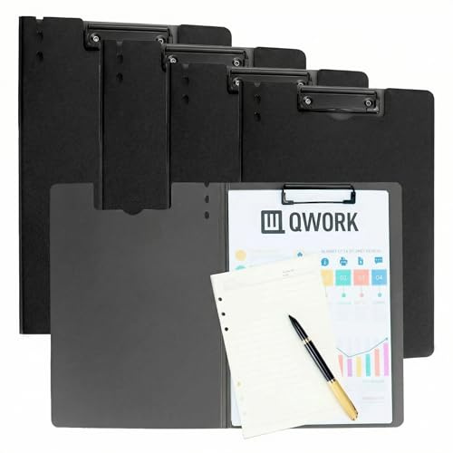 QWORK® Lot de 5 porte-blocs A4 durables, presse-papiers avec couvercle, matériau PP épais avec clip extra résistant, noir