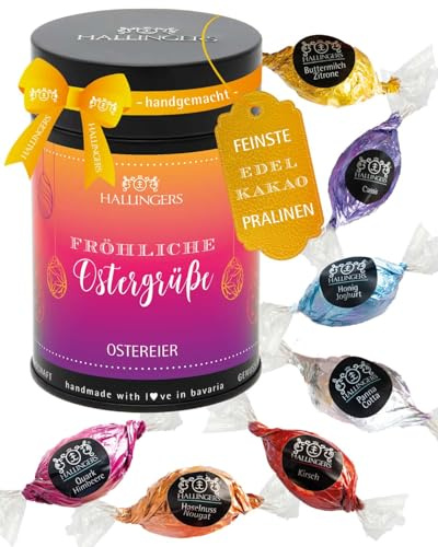 Hallingers Genuss Manufaktur Pralinen-Osterei Oster-Geschenk - ohne Alkohol, handmade aus Edelkakao in wertiger Geschenkdose Fröhliche Oster..., Ostern Körbchen für Frauen Männer