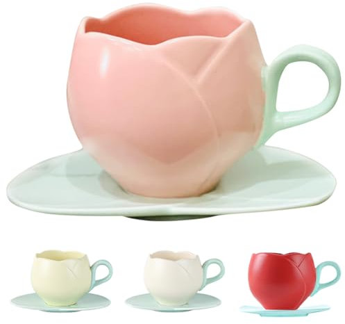 AZURAOKEY Tasse à café en forme de tulipe, tasse à café tulipe mignonne, tasse créative avec sous-verres en céramique vintage en forme de tulipe, tasse à thé 300 ml avec poignée confortable pour latte