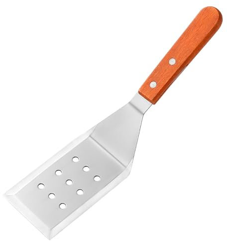 Espátula de pescado frito, pala de acero inoxidable con mango de madera para pescado frito, Hamburgo, barbacoa y teca (1)