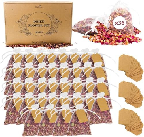 CULTIVEA® Plateau de 36 sachets de Fleurs séchées Naturelles – Roses - pour Mariage, Anniversaire, fête - Décoration Mariage - Confettis - Bougies et Résines - Pétales de Roses séchées (36)