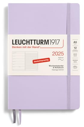LEUCHTTURM1917 370507 Veckokalender och anteckningsbok 2025, medium A5 Softcover – 12-månaders planerare, 80 g, linjerad – lila