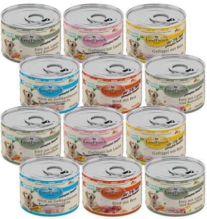 Landfleisch Hundefutter 12 x 195g Mixpaket | garantierter 4 Sorten Mix | Nassfutter für Hunde | Ohne Zusatz von Gluten, Zucker, GVO und Sojaprodukten
