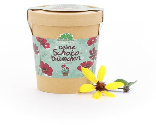 Anzuchtset für Schokoblumen von Die Stadtgärtner | Schokoladenblume Starter-Set inkl. Pflanzbecher, Saatgut und Kokoserde | Tolle Geschenk-idee für Schokoladenliebhaber, Garten-Freunde & Kinder