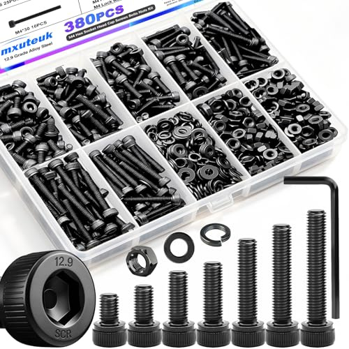 mxuteuk 380PCS M4-Schrauben, M4-Schraubenschrauben-Mutter-Kit,6/8/12/16/20/30 mm metrische sechseckige Schrauben, aus Legierungstahl der Stufe 12,9 und sechseckiger Schlüssel