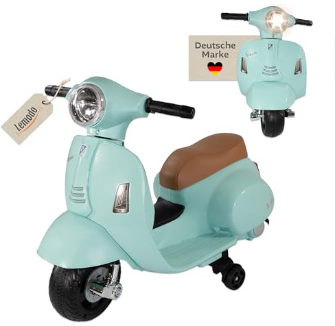 LEMODO Elektrofahrzeug Vespa in grün, Kinder Motorrad ab 18 Monate, Elektromotorrad mit Licht und Sound, Kinderroller mit abnehmbaren Stützrädern, Lizenziertes Kinderfahrzeug