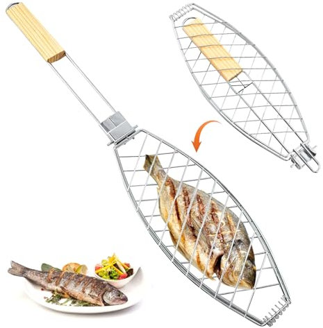 SilverChry Griglia per Barbecue, Cestello per Griglia Pieghevole Portatile Barbecook Griglia, Graticola per Pesce Barbecue Accessori per Barbecue, Griglia a Pinza per il Pesce Cesto per Grigliare 63cm