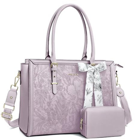 MOSISO Laptop Bag for Women,17-17.3 inch PU Leather Tote Bag, Dusty Lilac | Compatible with MacBook, HP, Dell, Asus Notebook, Front Embossed Retro Hibiscus Computer Bag with Silk Scarf&Clutch Purse