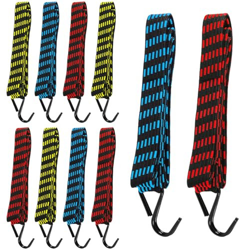 10 PCS Bungee Cords with Hooks,Heavy Duty Weatherproof & UV-Resistant Elastic Bungee Straps,Braided Anti-slip Flat Rubber Straps for Securing Tarps,Luggage,Tents,Bikes